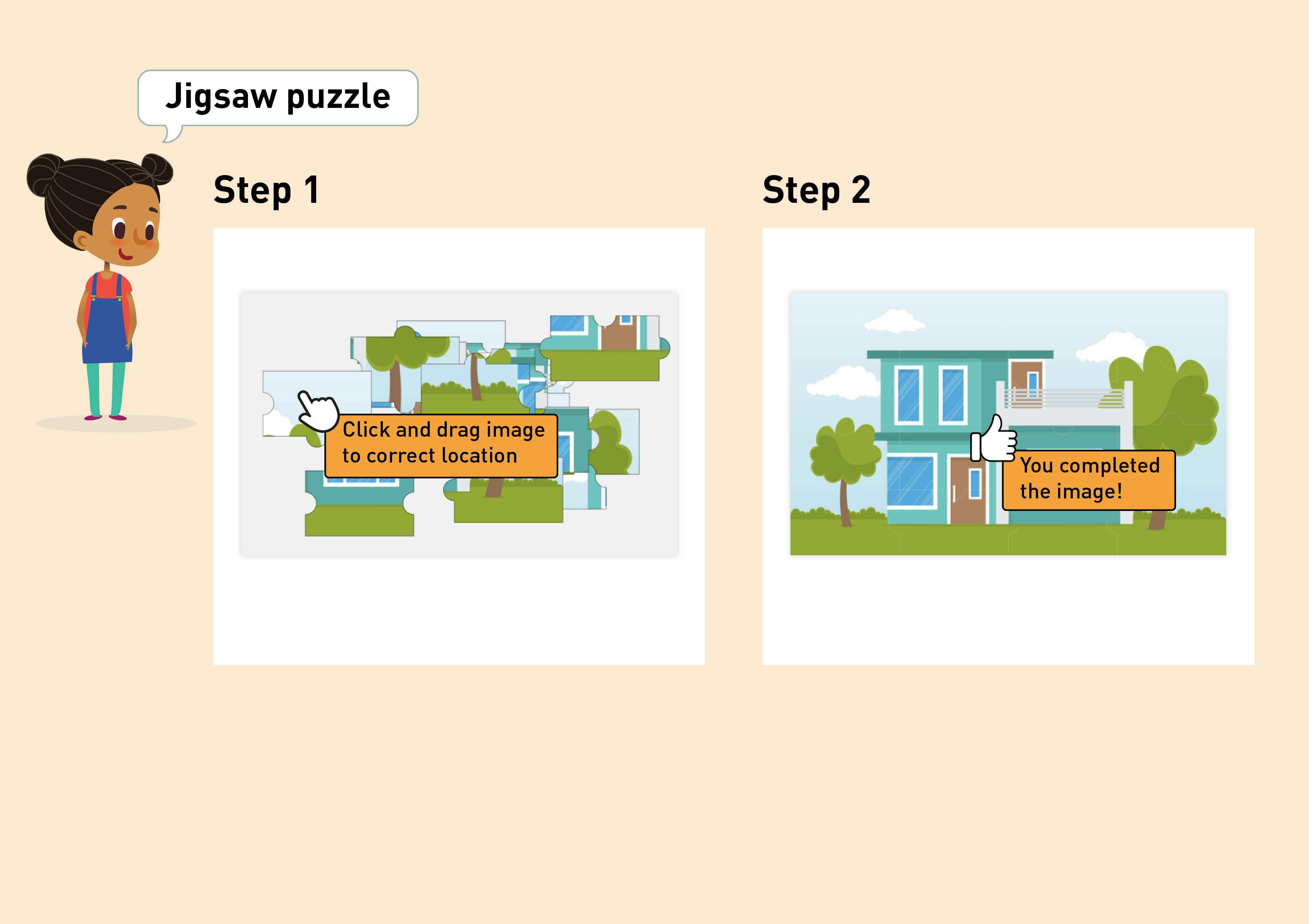 Instructions on how to play the word Jigsaw puzzle game -- Step 1 - select and drag piece to correct location -- Step 2 - You completed the image!